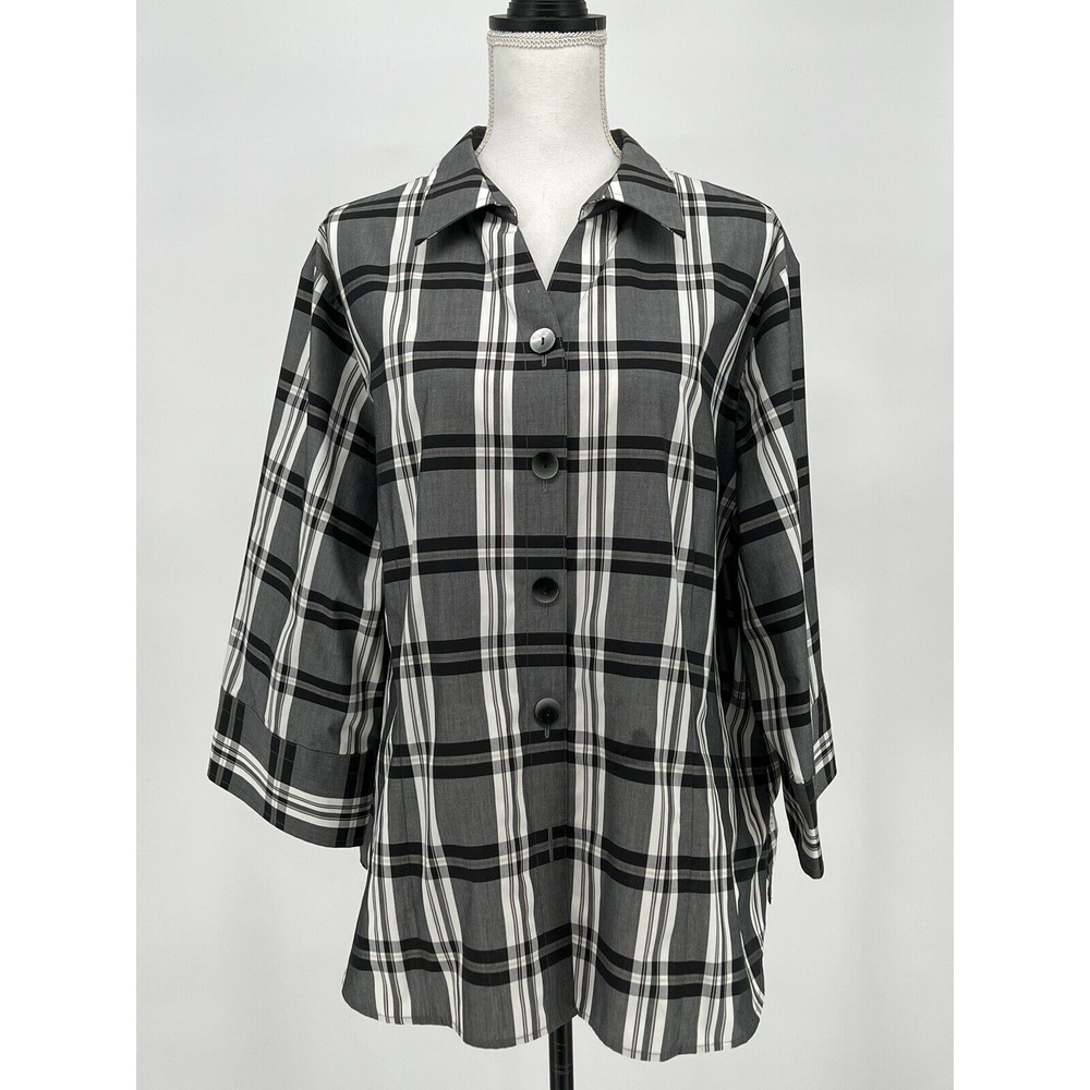 Westbound Womens Blouse Sz 24W Button Front 3/4 Sleeve V-Neck‎ Black White Check